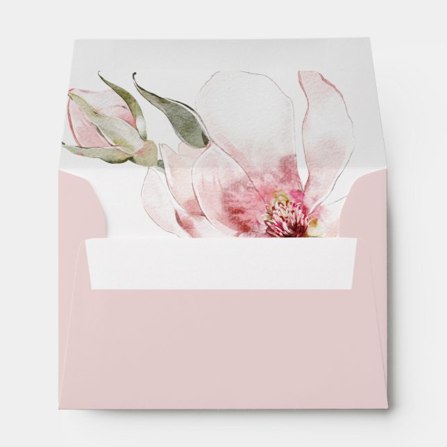 Floral Magnolia Pink Return Address Wedding Envelope (Back (Bottom))
