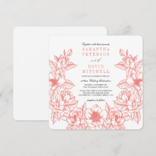 Floral Magnolia Wreath Coral Wedding Invitation
