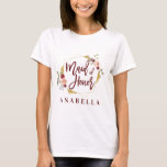 floral maid of honour bachelorette bridal shower T-Shirt<br><div class="desc">Watercolor blush pink, burgundy, sage green florals with gold effect geometric colorway maid of honour wedding honeymoon gift t-shirt. The perfect gift for your friend sister brother mom dad aunt uncle daughter son niece nephew gran grandad. On trend script text and modern watercolor graphics. Make your life easier with this...</div>