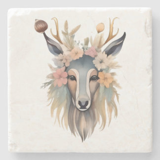 Floral Majesty: Deer with Blossoms and Feathers Stone Coaster