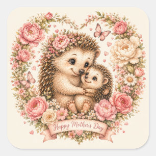 Floral Mama & Baby Hedgehog Cottagecore Square Sticker