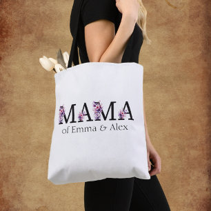 Floral Mama Text Personalized Kids Names Tote Bag