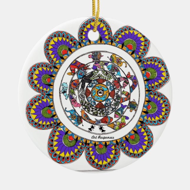 Floral mandal in Madhubani style Ceramic Ornament (Front)