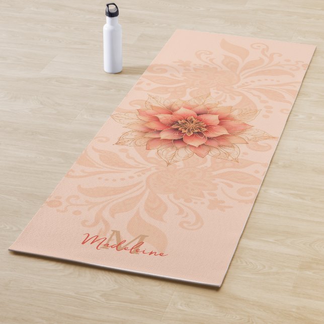 Floral Mandala Coral Pink Feminine Name Monogram Yoga Mat (In Situ)