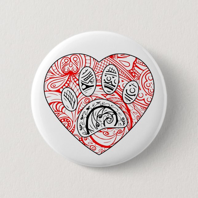 Floral Mandala Dog Paw Print Red Heart 2 Inch Round Button (Front)