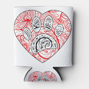 Floral Mandala Dog Paw Print Red Heart Can Cooler