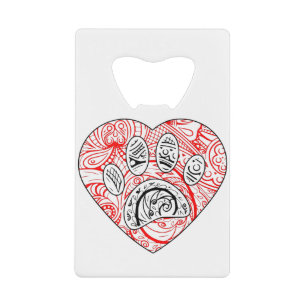 Floral Mandala Dog Paw Print Red Heart Credit Card Bottle Opener