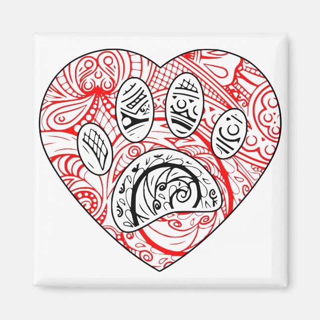 Floral Mandala Dog Paw Print Red Heart Magnet (Front)