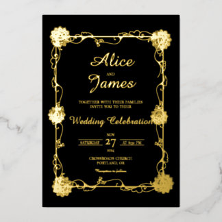 Floral Mandala Elegant Black Gold Foil Wedding