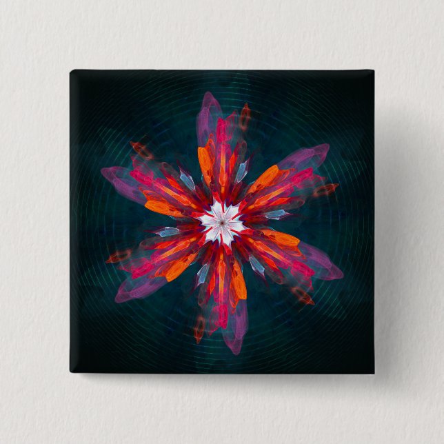Floral Mandala Flowers Orange Red Blue Abstract 2 Inch Square Button (Front)