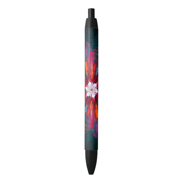 Floral Mandala Flowers Orange Red Blue Abstract Black Ink Pen (Front Vertical)
