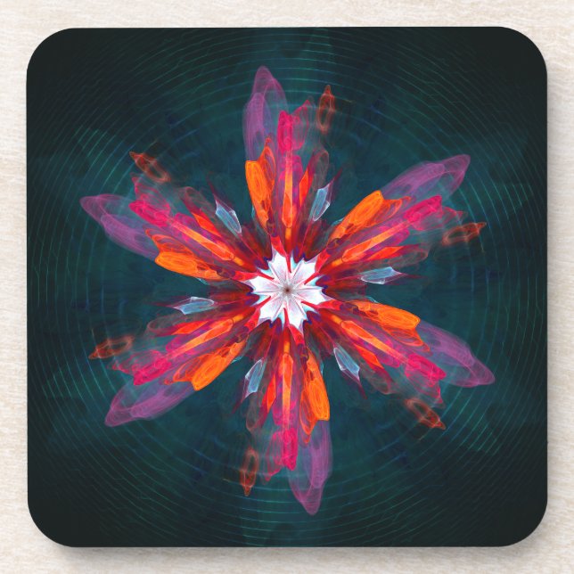 Floral Mandala Flowers Orange Red Blue Abstract Coaster (Front)