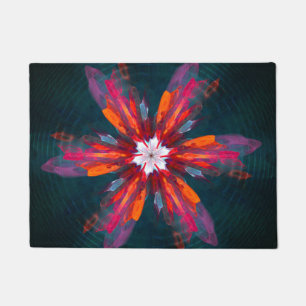Floral Mandala Flowers Orange Red Blue Abstract Doormat