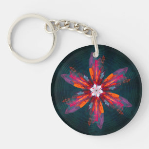 Floral Mandala Flowers Orange Red Blue Abstract Keychain