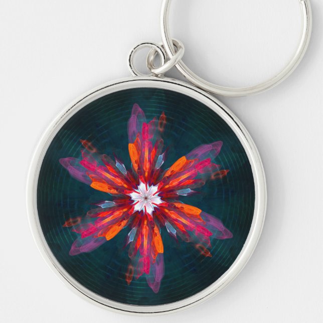 Floral Mandala Flowers Orange Red Blue Abstract Keychain (Front)