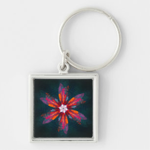 Floral Mandala Flowers Orange Red Blue Abstract Keychain