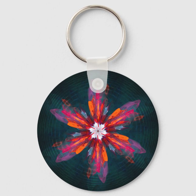 Floral Mandala Flowers Orange Red Blue Abstract Keychain (Front)
