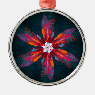 Floral Mandala Flowers Orange Red Blue Abstract Metal Ornament