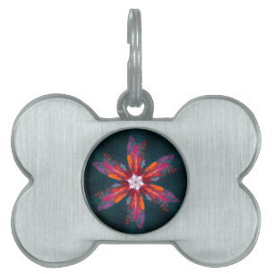 Floral Mandala Flowers Orange Red Blue Abstract Pet ID Tag