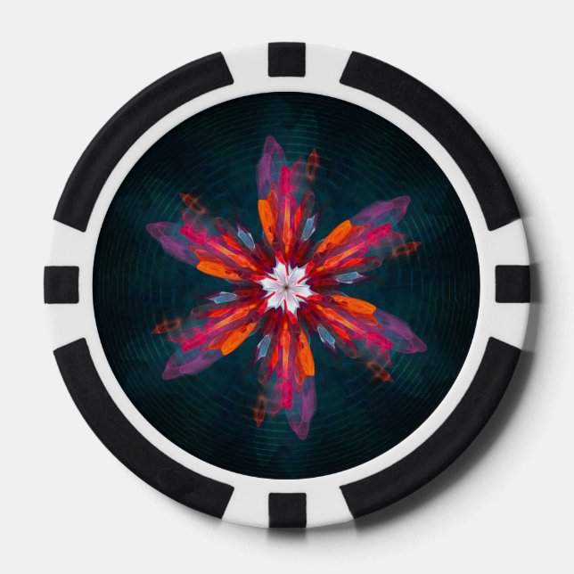 Floral Mandala Flowers Orange Red Blue Abstract Poker Chips (Front)