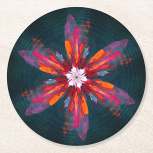 Floral Mandala Flowers Orange Red Blue Abstract Round Paper Coaster