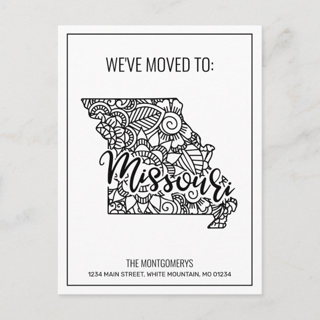 Floral Mandala Missouri State Moving Announcement Postcard (Front)