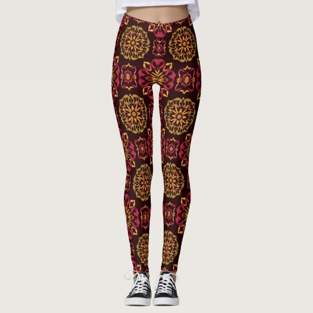 Floral Mandala Pattern in Rich Red and Gold Tones Leggings (Front)