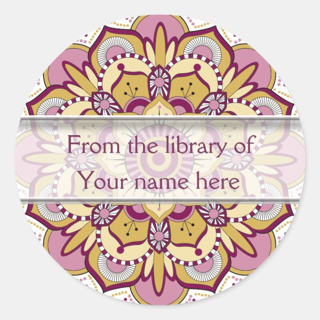 Floral Mandala Personalized Bookplates Classic Round Sticker (Front)