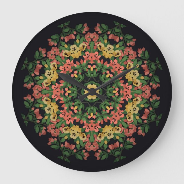Floral mandala: red, yellow vintage. large clock (Front)