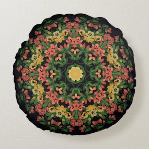Floral mandala: red, yellow vintage. round pillow
