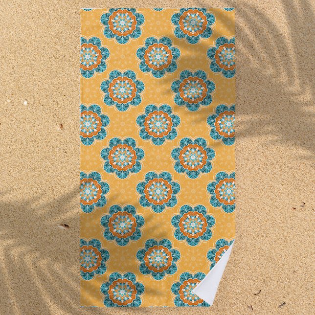 Floral Mandala Tile in Orange & Teal Beach Towel (Creator Uploaded)
