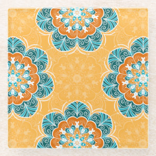Floral Mandala Tile in Orange & Teal Glass Coaster