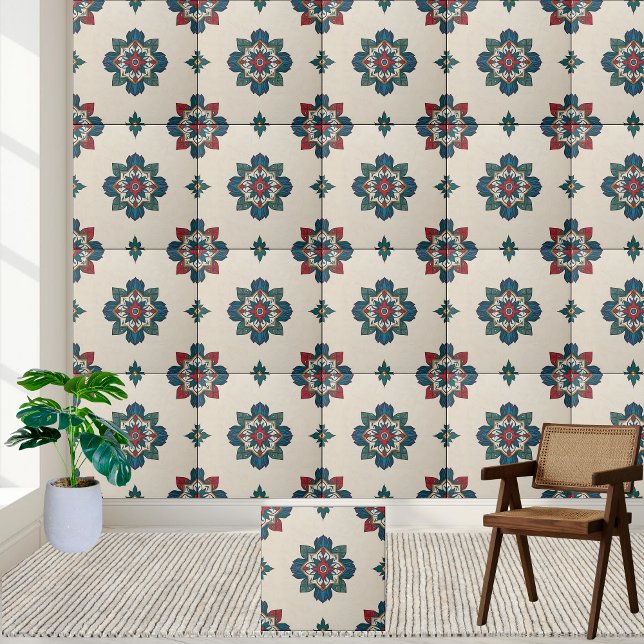 Floral Mandala Tile in Teal Red and Green (Floral Mandala Tile in Teal Red and Green)