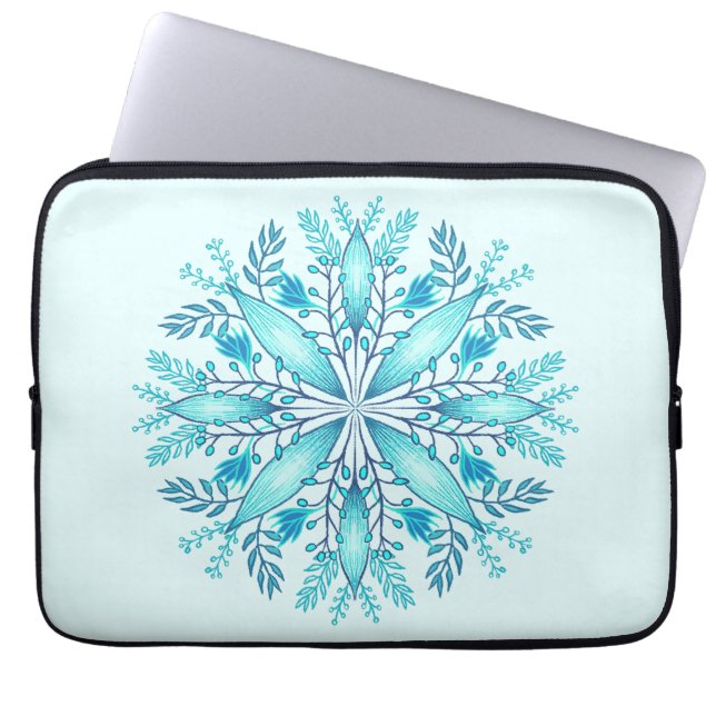 Floral Mandala - Turquoise Blue Boho Snowflake Laptop Sleeve (Front)