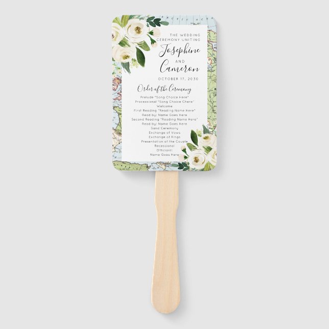 Floral Map Travel Theme Wedding Ceremony Program Hand Fan (Front)