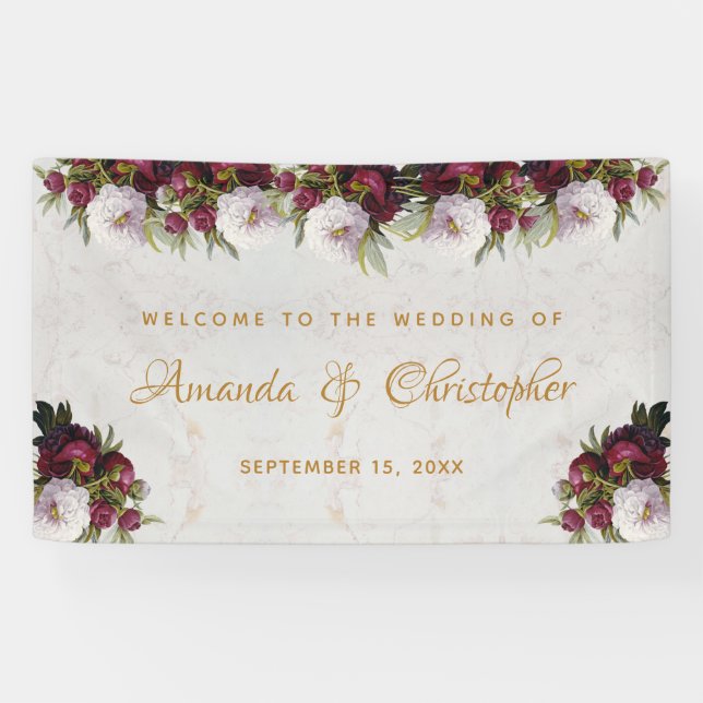 Floral Marble Burgundy White Peony Wedding Welcome Banner