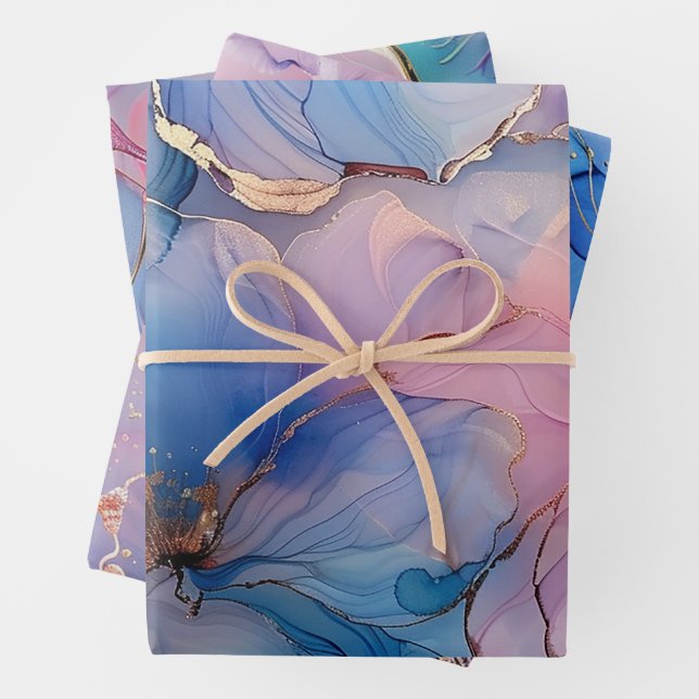Floral Marble Gold Pink Blue Wrapping Paper Sheet (In situ)