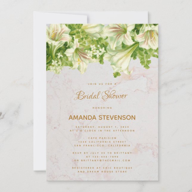 Floral Marble White Lilies Bridal Shower Invitation (Front)