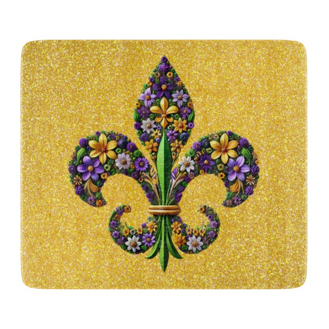 Floral Mardi Gras fleur de lis Cutting Board (Front)