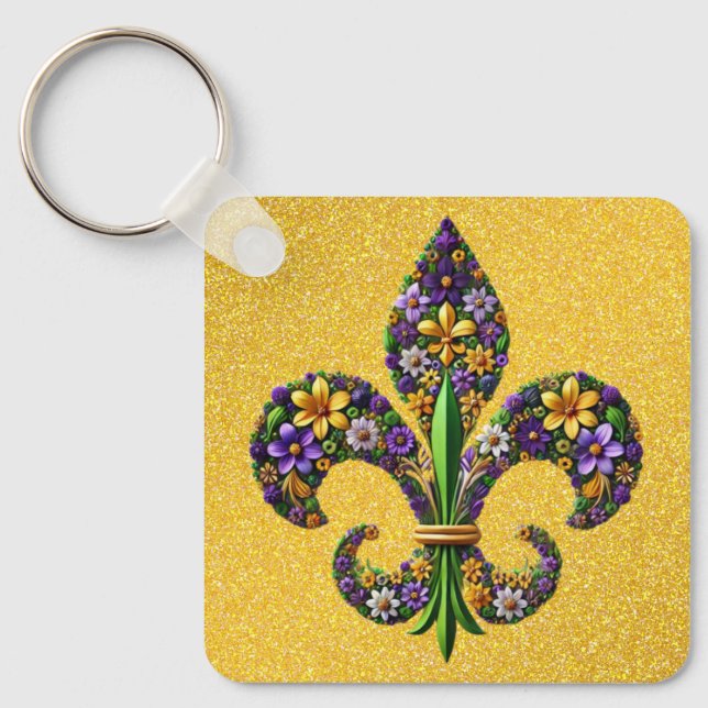 Floral Mardi Gras fleur de lis Keychain (Front)