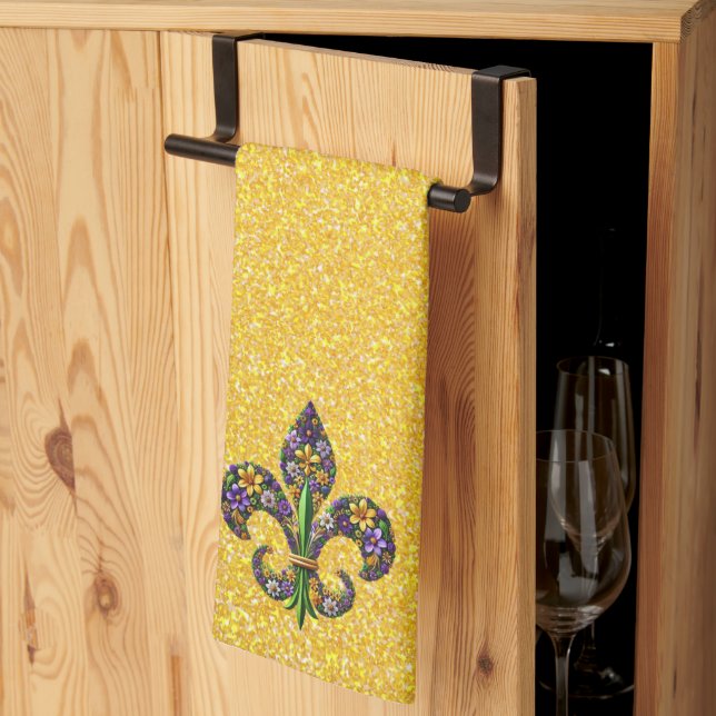 Floral Mardi Gras fleur de lis Kitchen Towel (Thirds Fold)