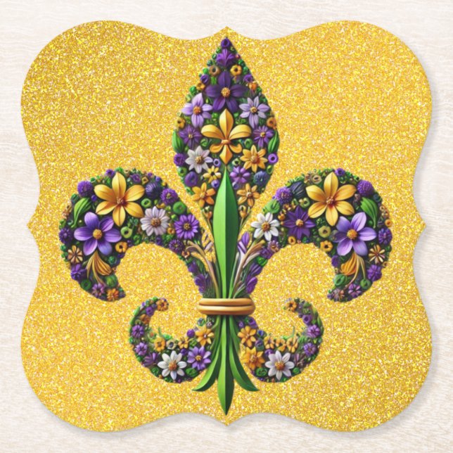Floral Mardi Gras fleur de lis Paper Coaster (Front)