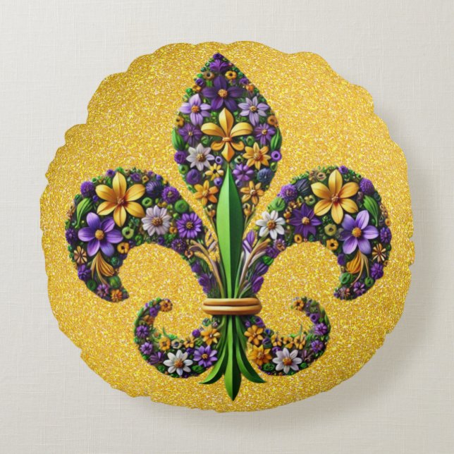 Floral Mardi Gras fleur de lis Round Pillow (Front)