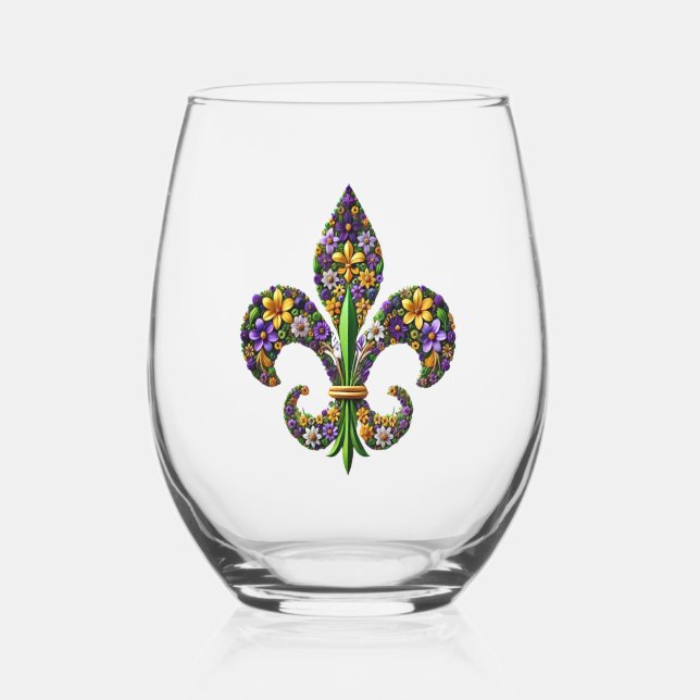 Floral Mardi Gras fleur de lis Stemless Wine Glass (Back)