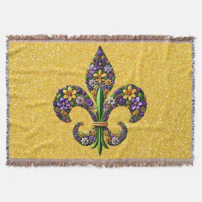 Floral Mardi Gras fleur de lis Throw Blanket (Front)
