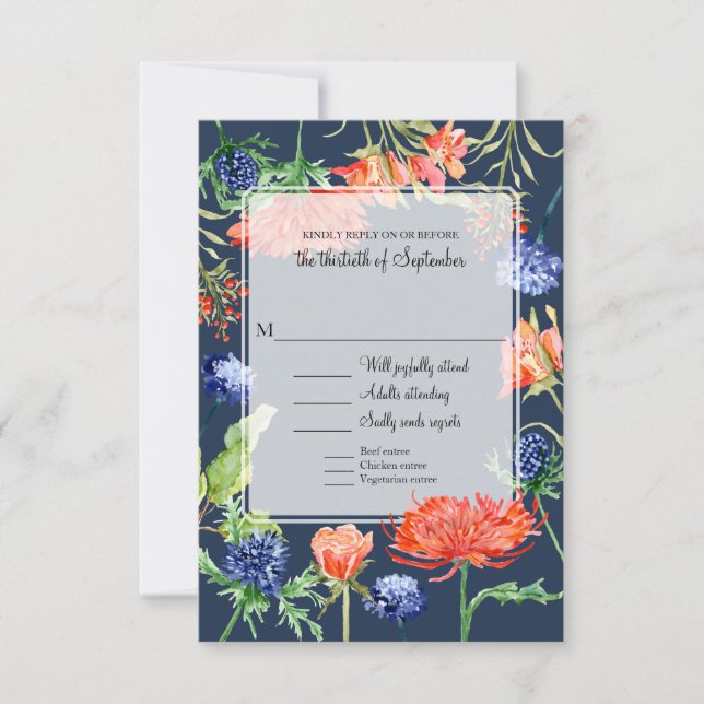 Floral Mariage Menu Marine Orange Fleurs Verdure (Devant)