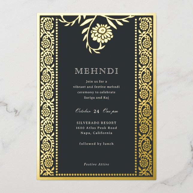 Floral Marigold Gold Mehndi Invitation (Front)
