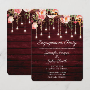 Floral Maroon Wood Rustic Engagement Party Invitation