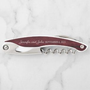 Floral Maroon Wooden Rustic Wedding Favours Corkscrew