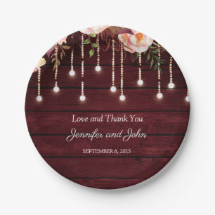 Floral Maroon Wooden Rustic Wedding Paper Plate